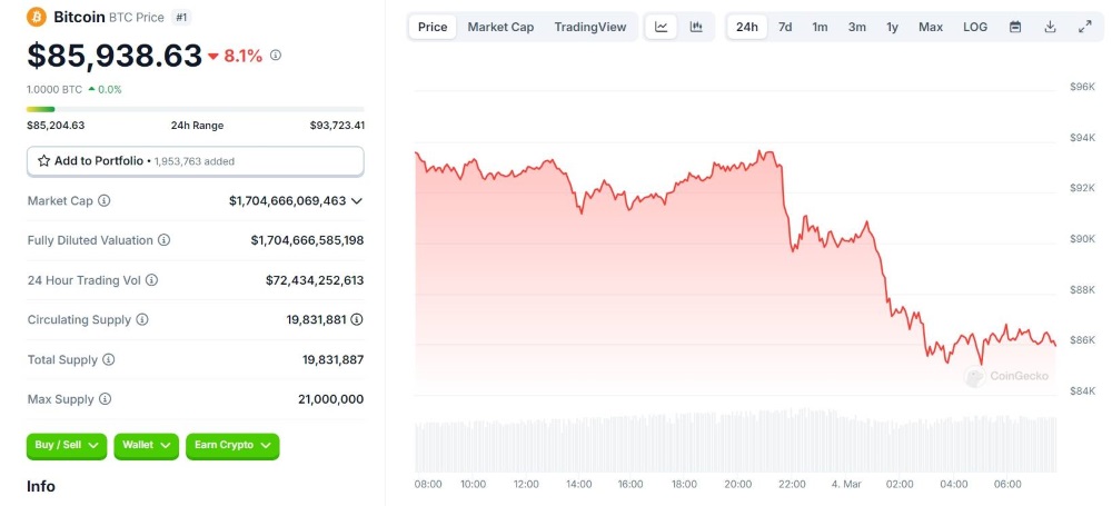 Bitcoin price fluctuations in the last 24 hours, snapshot from CoinGecko on March 5, 2025